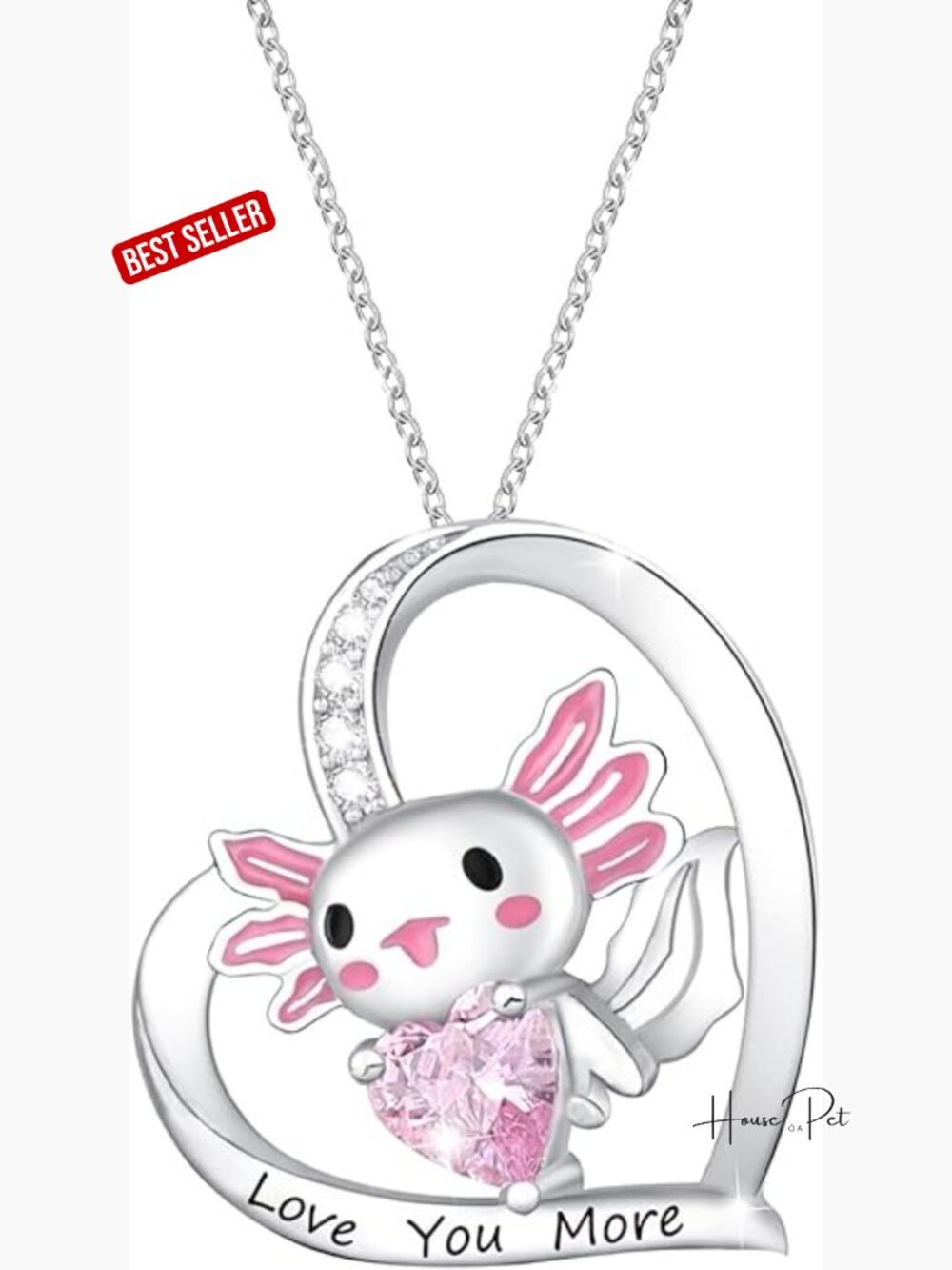Cute Axolotl Pendant Necklace with CZ Crystal Heart, Sterling Silver
